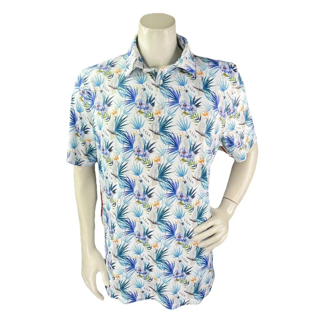 1764 Golf Shirt Men L Cockatoo Floral All Over Graphic Stretch Performance Polo
